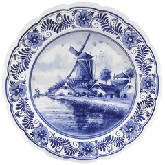 Old vintage blue and white ceramic plate with Dutch motifs as a souvenir - 534164547