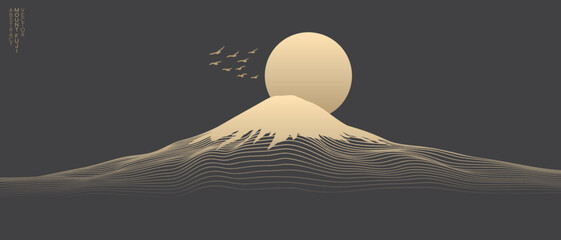 Vector abstract art Mount Fuji Japan landmark, landscape mountain with birds and sunrise sunset by gold line art texture isolated on dark grey black color background. Minimal luxury style. - obrazy, fototapety, plakaty
