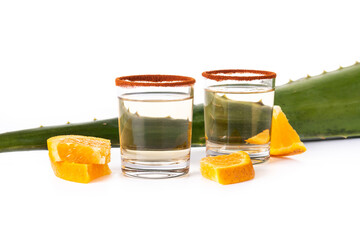 Mezcal Mexican drink with orange slices and worm salt isolated on white background