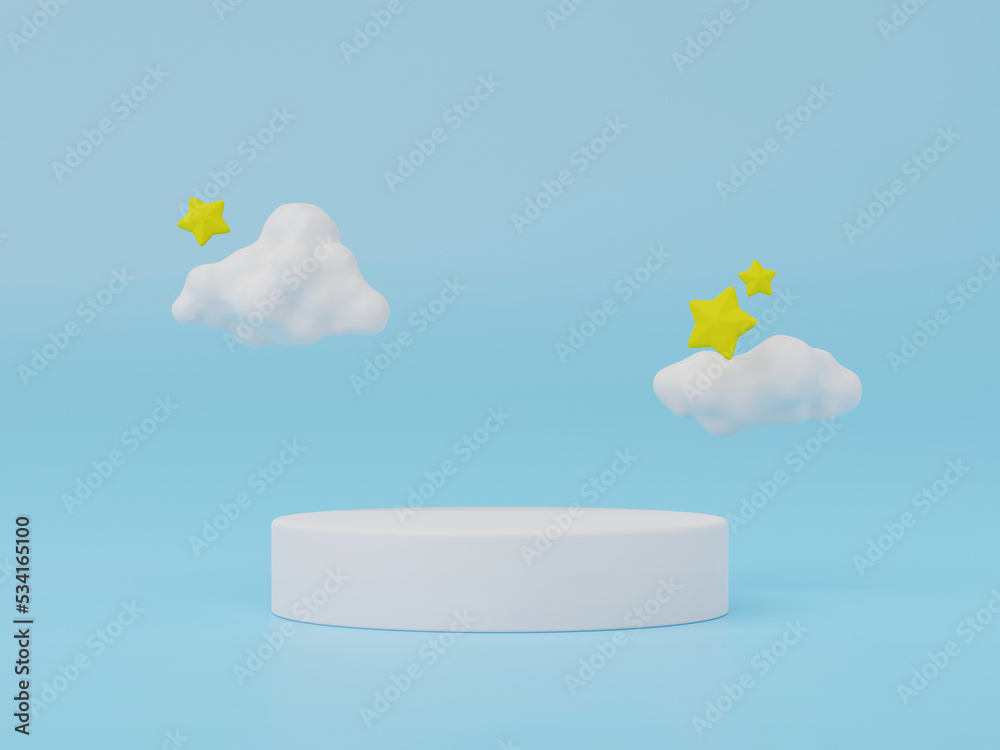 Poster 3d render of geometry showcase podium and floating cloud with stars for product presentation.