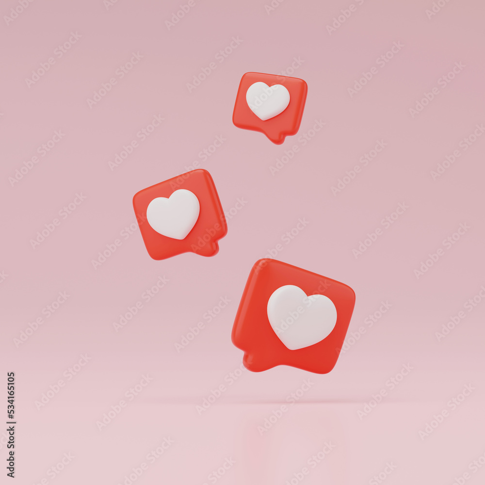 Poster 3d render of heart in speech bubble isolated on pink.