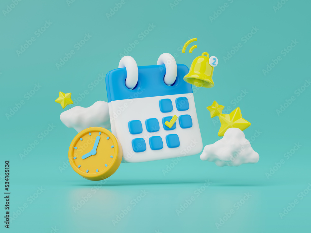 Poster 3d render of calendar with alarm clock and bell isolated on green.