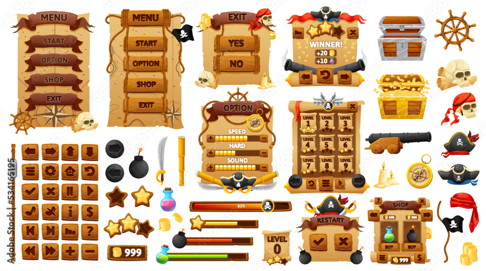 Poster pirates and corsairs game interface. ui game buttons, gui elements game asset. menu selected screens