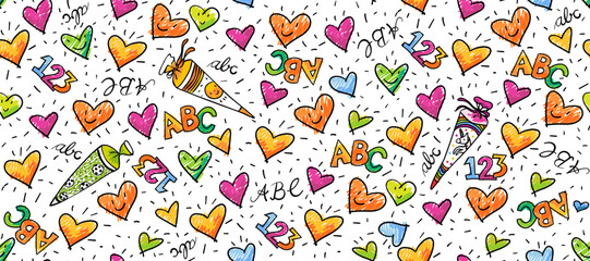 Seamless decorative birthday or school pattern - happy hearts with numbers and letters. colorful hand-drawn doodles. Suitable for wrapping paper, decoration, party paper, gift market. school supplies