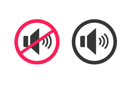 Sound audio voice icon on off vector graphic or mute silence mode pictogram black red, talk speak noise control button with loud speaker symbol isolated clipart image