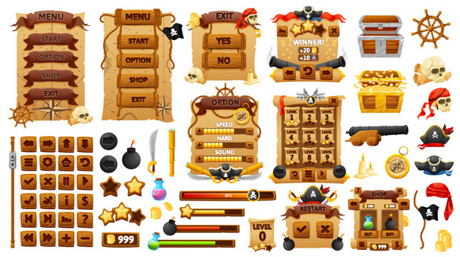 Pirates and corsairs game interface. Ui game buttons, gui elements game asset. Menu selected screens, buttons and progress bars with cartoon pirate skulls, captain hats, treasure chest, map and flag