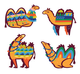 Fototapeta premium Collection of camels in cartoon tribal styles