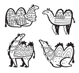 Fototapeta na wymiar Contour camels in cartoon tribal styles