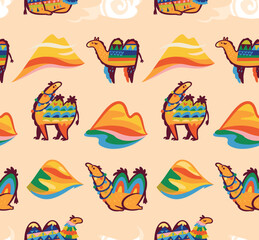 Lovely seamless pattern with camels, desert and hills in tribal style