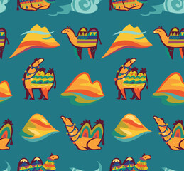 Naklejka premium Childish seamless pattern with camels, desert and hills isolated on green blue colours
