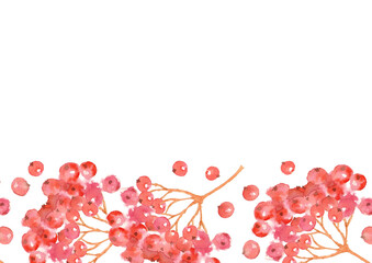 Watercolor red berries of rowan tree. Hand-drawn greeting card. Vintage artistic illustration on white background.