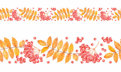 Autumn leaves and berries of Rowan tree. Watercolor seamless border. Hand-drawn art for greeting cards, invitations and interior decoration. Vintage pattern. Artistic illustration on white background.