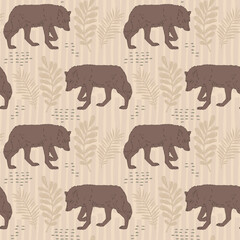 Hand Drawn wolf and branches with leaves on organic background, Vector Seamless pattern For fabrics, clothing, decoration, home decor, cards and templates, wrapping paper, kids prints.