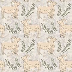 Hand Drawn mouflon and branches with leaves on organic background, Vector Seamless pattern For fabrics, clothing, decoration, home decor, cards and templates, wrapping paper, kids prints.