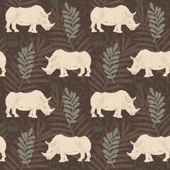 Hand Drawn Rhinos and branches with leaves on organic background, Vector Seamless pattern For fabrics, clothing, decoration, home decor, cards and templates, wrapping paper, kids prints.