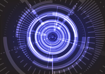 Blue circle center cyberspace on black background. Vector circuit board cyber security. Technology background. HUD