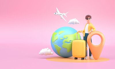 Fototapeta Man Traveling with 3D Luggage. 3D Illustration obraz