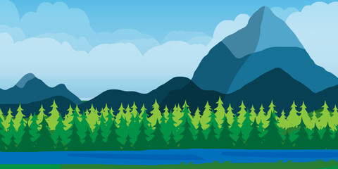 Natural Landscape Scene. Mountain, Forest, River, and Field Background. Flat Design Vector Illustration.