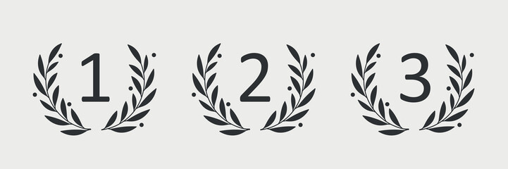 Laurel branch set. First place award, second, third. Laurel wreath silhouette. Symbol of victory and success.  Vectror illustration on white background