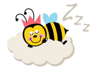 Cute bee sleeping on cloud