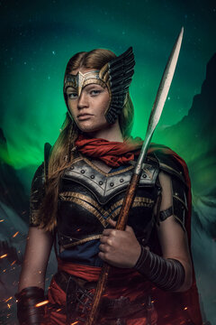 Shot of scandinavian woman warrior with spear dressed in armor and mantle.