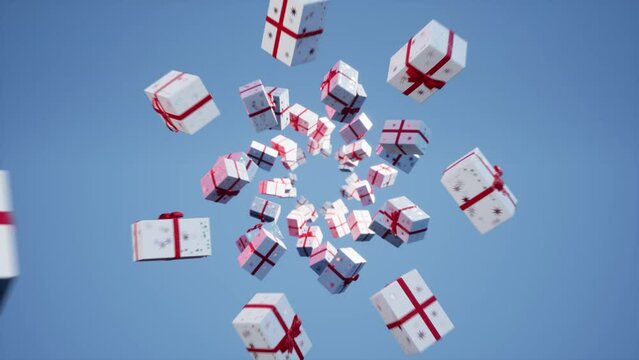 christmas animation with rotation gift boxes arround circle with blue background