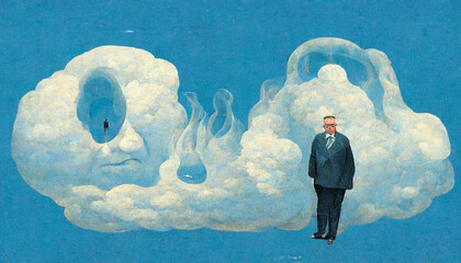 Businessman or politician and a cloud of gas, generated by AI, cartoon - obrazy, fototapety, plakaty