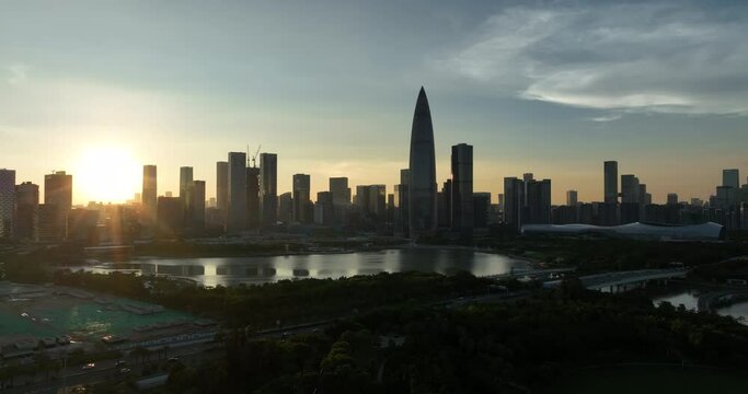 Aerial footage of landscape at sunset in shenzhen city, China 
