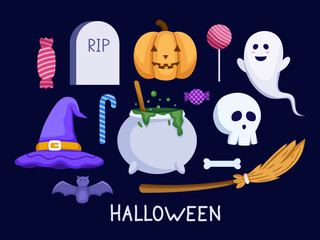 Halloween Clipart set Illustration. Halloween Sticker Set Cartoon illustration.Suitable for print, banner, sticker, poster, greeting card, postcard, etc