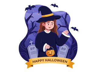 Happy Halloween Illustration With A Girl Wearing Witch Costume.
Halloween Cute Witch Cartoon Illustration.
Suitable for greeting card, postcard, banner, web, social media, poster, etc