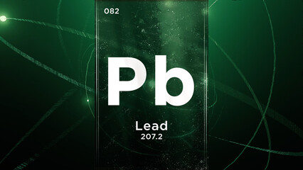 Lead (Pb) symbol chemical element of the periodic table, 3D animation on atom design background