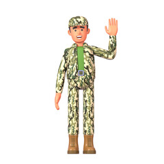 3d render of soldier in military uniform waving his hand in greeting gesture