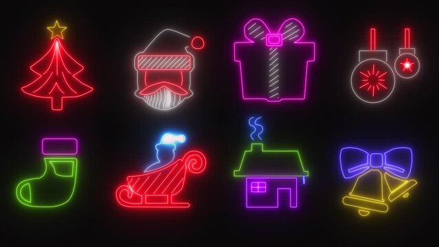 christmas holiday icons created by neon lights for retro futuristic feeling. Its animated, its flickering with glow and lots of colors