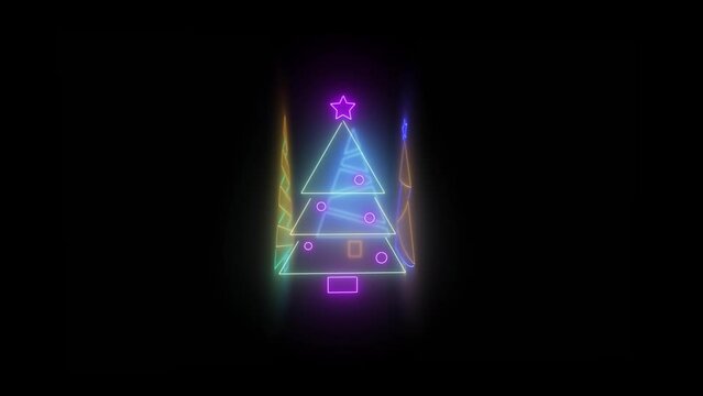 four christmas neon trees are turning arround yourself with black background. 4k animation created from colorful neon lights for holiday