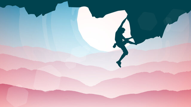 climber on a cliff with mountains as a background. Mountain climber walpaper for desktop. Silhouette of a rock climber. Extreme rock climber. silhouette of a person in the mountains