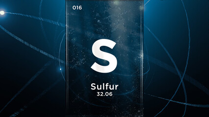 Sulfur (S) symbol chemical element of the periodic table, 3D animation on atom design background - obrazy, fototapety, plakaty