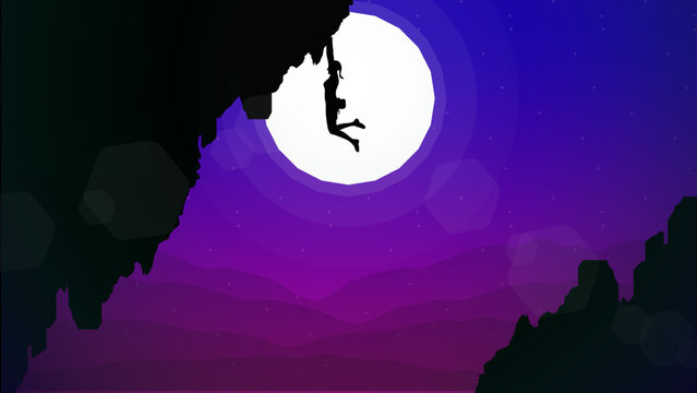 climber on a cliff with mountains as a background. Mountain climber walpaper for desktop. Silhouette of a rock climber. Rock climber. Extreme rock climber background. landscape with moon.