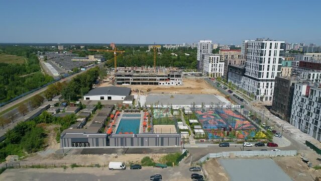 Drone aerial view cityscape modern building Residential complex Nice town. Construction of residential premises. Kyiv capital of Ukraine