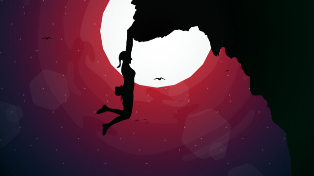 climber on a cliff with mountains as a background. Mountain climber walpaper for desktop. Silhouette of a rock climber. Rock climber. Extreme rock climber background.