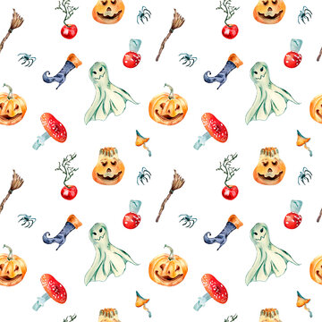 Cute halloween ghost watercolor seamless pattern isolated on white.