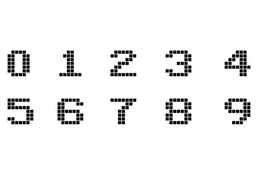Conjunto de n&uacute;meros. D&iacute;gitos 1, 2, 3, 4, 5, 6, 7, 8, 9, 0 en fuente de juegos de arcade de estilo retro