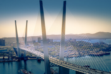 Air review of the Golden bridge. Vladivostok, Primorsky Krai.