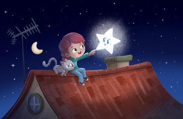 Girl touching a star sitting on the roof of her house with cat - 534172334