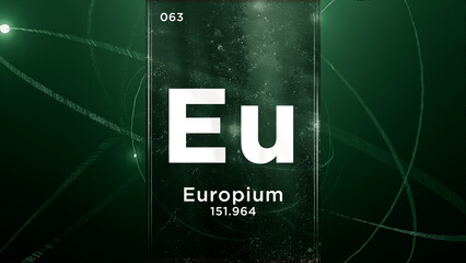 Europium (Eu) symbol chemical element of the periodic table, 3D animation on atom design background