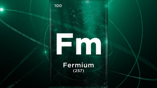 Fermium (Fm) symbol chemical element of the periodic table, 3D animation on atom design background