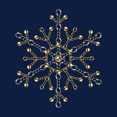 Fancy snowflake made of jewelry gold and silver chains with shiny ball beads. Elegant jewelry illustration for winter sales, christmas, new year holiday, gift decoration.
