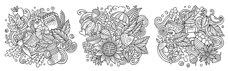 Autumn cartoon vector doodle designs set