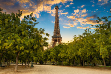 Eiffel Tower in Paris at sunset. France