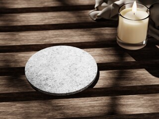 3d granite flat display podium with candle glass and fabric on the wooden table. 3d rendering of realistic presentation for product advertising. 3d illustration.