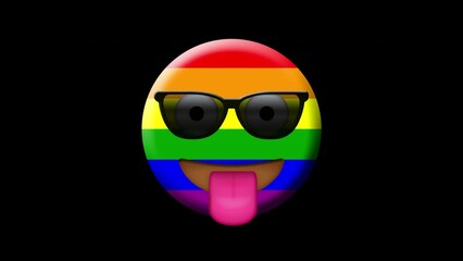 Lgbt concept.Animation of smiling face with lgbtq flag colors and sunglasses.Animated Emoji. Smiley face icon animation on black background.Emoticon motion design video. - Powered by Adobe